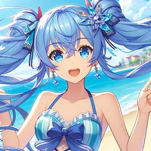 Anime-Style Character with Bright Blue Hair in Swimsuit