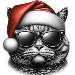 Realistic Cat with Sunglasses and Christmas Hat