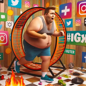 Humorous Image of Fat Man Running in Hamster Wheel