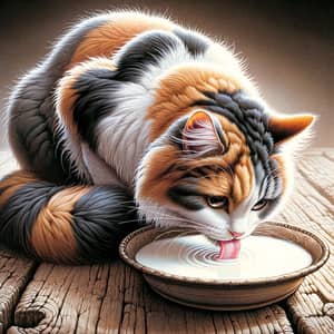 Mixed Fur Color Cat Drinking Milk on Wooden Table