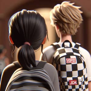 Pixar-Style Animated Scene with Brunette Girl and Tall Blond Boy