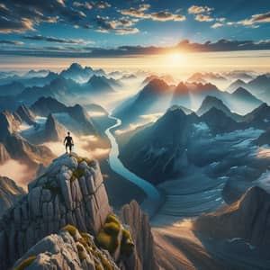 Breathtaking Mountain Panorama with Mountaineer