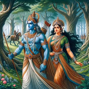 Sita and Rama: Mythological Figures in Beautiful Forest