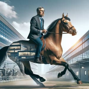 Middle-Aged Manager Riding a Horse in Technology Park Setting