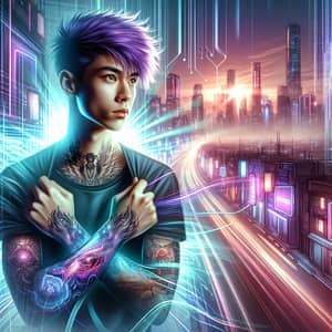 Vibrant Purple Hair Male in Cyberpunk Cityscape