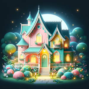 Enchanting Pastel-Colored Fairytale House at Night