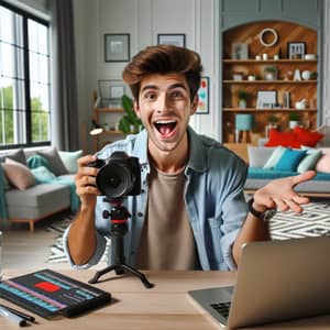 Young Male Vlogger Creating Video in Colorful Room