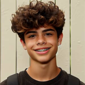 16-Year-Old Hispanic Boy with Brown Curly Hair and Braces