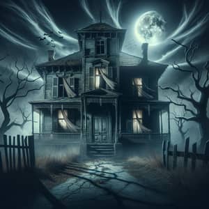 Eerie Abandoned Haunted House in Moonlit Night