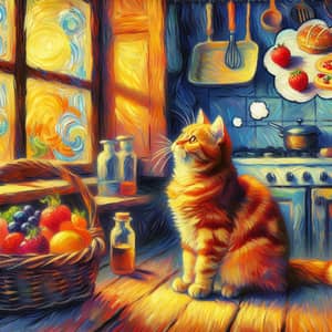 Charming Orange British Cat in Kitchen - Vincent van Gogh Style