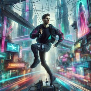Dynamic Cyberpunk Cityscape: Young Man in Futuristic Setting