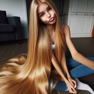 Caucasian Teenage Girl with Long Blonde Hair | Seated in Room
