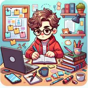 Playful Student Cartoon Illustration for Serious Study and Dedication