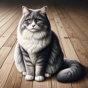 Realistic Portrait of Domestic Cat on Wooden Floor