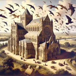 Awe-Inspiring Medieval Church Surrounded by Soaring Birds