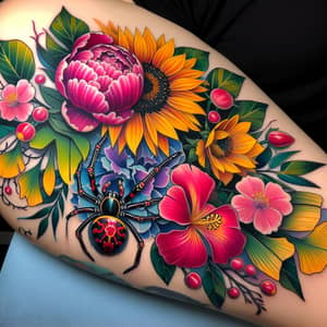 Vibrant Floral Tattoo with Peony, Sunflower, Lily Spider & More