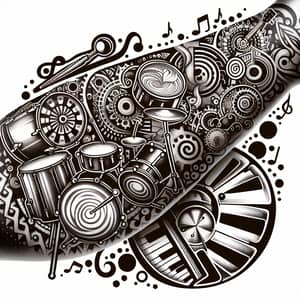 Steampunk Themed Tattoo Design with Music, Drums, Culinary, and Latte Art Elements