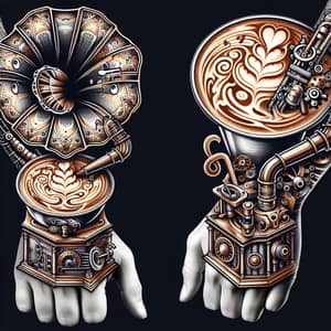 Steampunk Music and Latte Art Full-Arm Tattoo Design