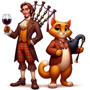 Puss in Boots and Bagpipe Player - Enchanting Duo in Wine-filled Adventure