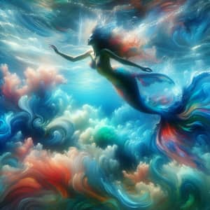 Surreal Underwater Scene: Mermaid Swimming in Impressionistic Style