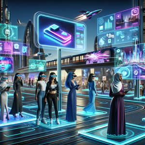 Futuristic Digital Marketing Scene with Neon Holographic Billboards