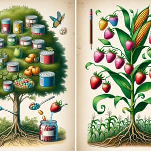 Creative GMO Products Illustration: Tree with Modified Fruits