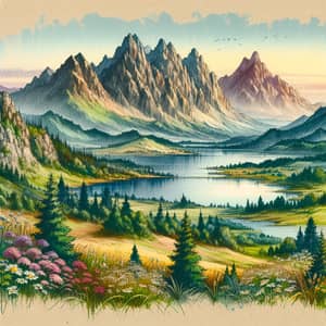 Watercolor Landscape Painting on Textured Paper: Mountains, Lake & Forests