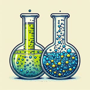 Glass Beakers Illustration: Green & Clear Liquids with Blue and Yellow Molecules