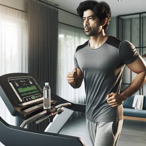 Determined South Asian Man Walking on Modern Treadmill