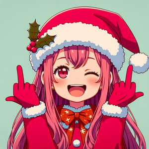 Festive Anime Girl with Long Pink Hair in Santa Hat