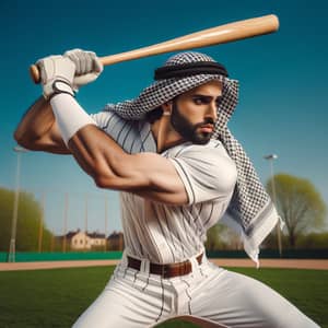 Middle-Eastern Man Swinging Wooden Baseball Bat | Intense Focus