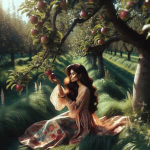 Serene South Asian Woman Under Apple Tree | Peaceful Orchard Scene