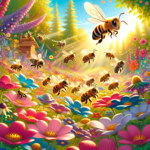 Playful Bee Scene in Sunlit Meadow | Vibrant Flowers Abound
