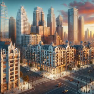 Bustling Cityscape at Sunset: Diverse Architecture & People