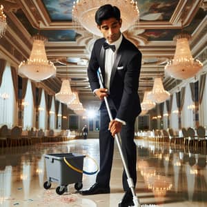 South Asian Janitor in Tuxedo Cleaning Elegant Ballroom