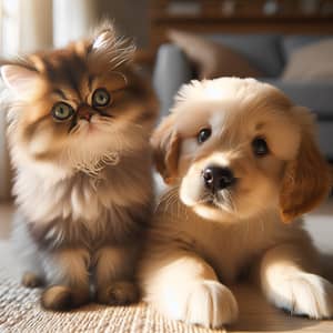 Adorable Persian Kitten and Golden Retriever Puppy Interaction