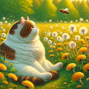 Plump Cat in Meadow with Bee - White Coat & Brown Patches