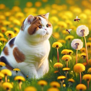 Adorable White Cat with Brown Patches in Vibrant Meadow