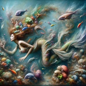 Surreal Underwater Scene with Mermaid and Marine Life