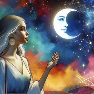 Beautiful Girl and Proud Moon in Art Against Starry Sky