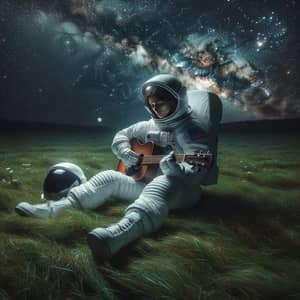 Hispanic Female Astronaut Playing Guitar on Grass at Night