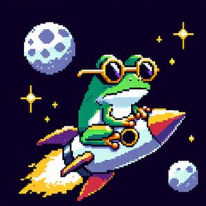 Pixel Art Frog with Golden Eyeglasses on Rocket to Moon