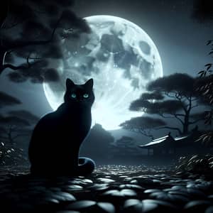 Serene Night Scene with Full Moon and Mysterious Black Cat