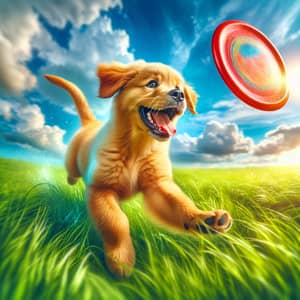Playful Golden Retriever Puppy Romping in Verdant Field | Sunny Afternoon
