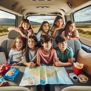 Hispanic Children's Exciting Road Trip Adventure in a Spacious Minivan
