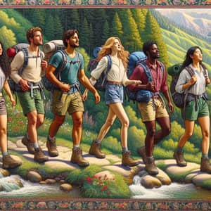 Diverse Group of Six Hikers Enjoying Trekking in a Blissful Environment