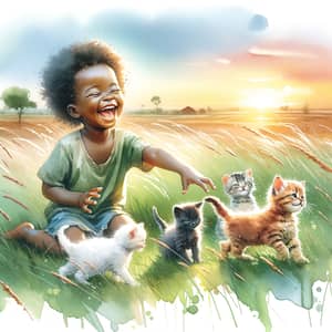 Joyful African Child Playing with Kittens in Sunny Field