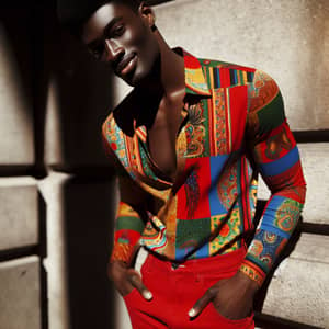Vibrant Black Man in Colorful Shirt & Red Jeans