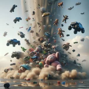 Surreal Cascade of Oversized Toys Falling from Cloudy Sky