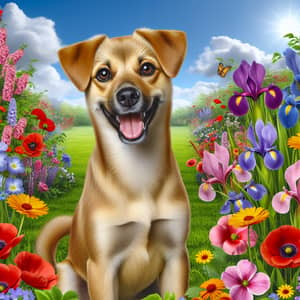 Happy Medium-Sized Dog in Lush Flower Field | Vibrant Blooms